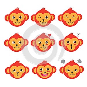 Monkey Emotion Faces. Cartoon CÂute Monkeys. Vector Set. Cute Cartoon Animal Vector. Funky Monkey.